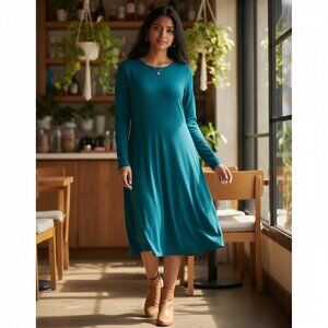 Eileen Fisher Teal Long Sleeve Crew Neck Knit Dress Small